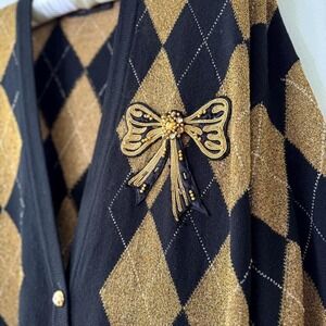 Vintage Escada Margaretha Ley Black‎ Gold Lurex Argyle Cardigan Beaded Bow Italy